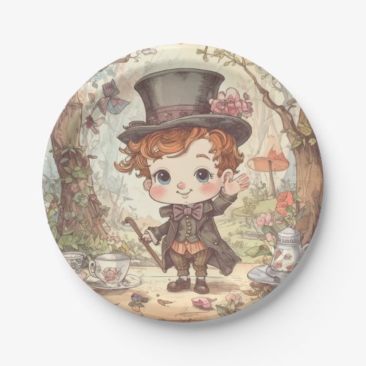 Cute Mad Hatter Whimsical Wonderland Woodland Art Pappteller (Vorderseite)