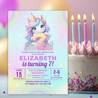 Cute Magical Unicorn 7th Birthday – Rainbow  Einladung