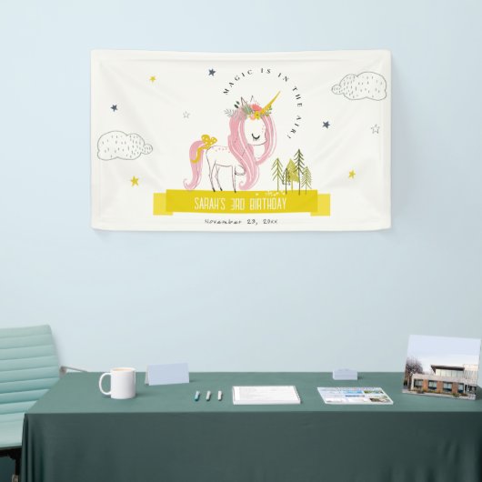 Cute Magical Unicorn Pink Yellow Kids Birthday Banner (Messeveranstaltung)