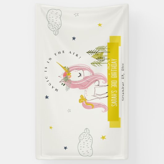 Cute Magical Unicorn Pink Yellow Kids Birthday Banner (Vertikal)