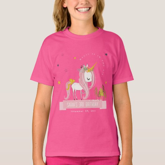 Cute Magical Unicorn Pink Yellow Kids Birthday T-Shirt (Vorderseite)