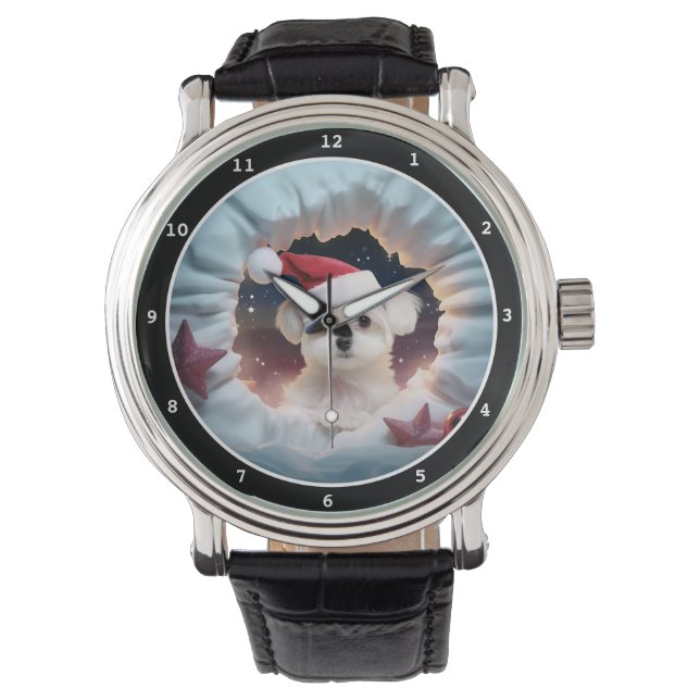 Cute Maltese Puppy Christmas Scene Image Armbanduhr (Vorderseite)