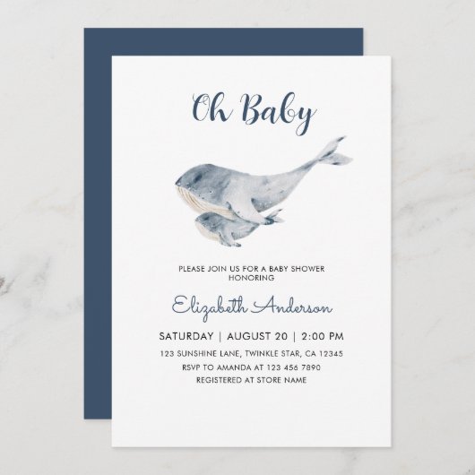 Cute Mama and Baby Whale Boy Baby Shower Einladung (Vorne/Hinten)