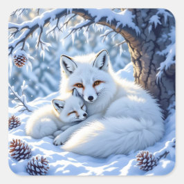 Cute Mama and Baby White Foxes in the Snow Quadratischer Aufkleber