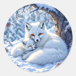 Cute Mama and Baby White Foxes in the Snow Runder Aufkleber
