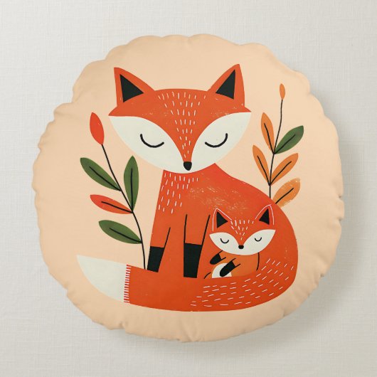 Cute Mama Fox& Baby Cub Whimsical Woodland Nursery Rundes Kissen (Vorderseite)