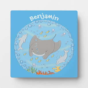 Cute manta ray and bubbles cartoon illustration fotoplatte