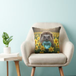 Cute March Hedgehog with Aquamarine Heart Kissen<br><div class="desc">A cute hedgehog holding an aquamarine heart sits in a field of yellow daffodils.</div>