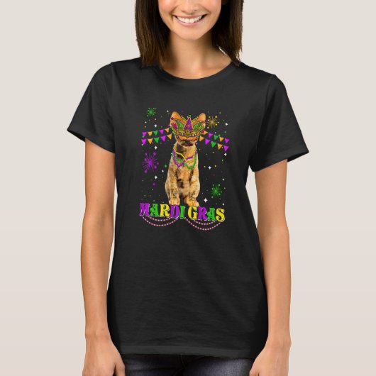 Cute Mardi Gras Cat Devon Rex Mask Beads Festival T-Shirt (Vorderseite)