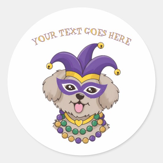 Cute Mardi Gras Puppy Dog Custom Text Runder Aufkleber (Vorderseite)