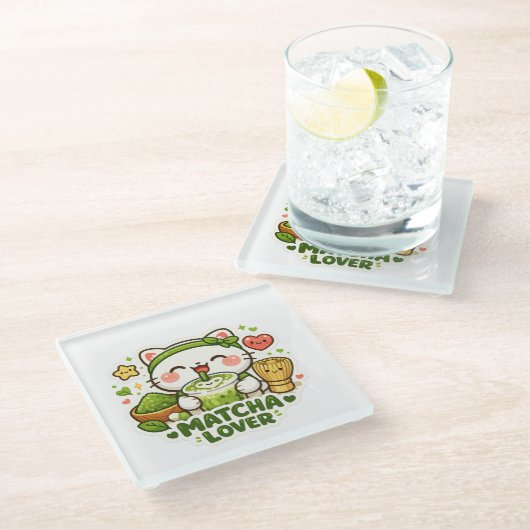 Cute Matcha Lover Cat Glasuntersetzer (Schrägansicht)