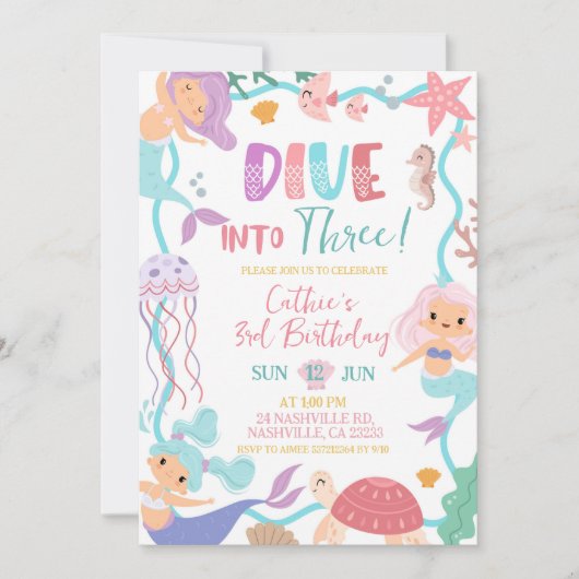 Cute Memaid Dive Into Birthday invitation Einladung (Vorderseite)