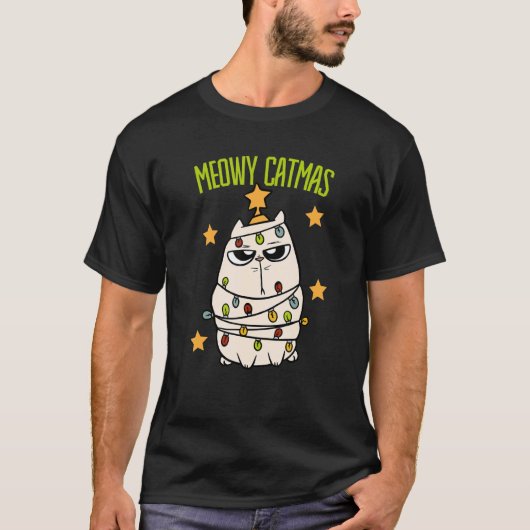 Cute Meowy Catmas Christmas Cat Tangled Up In Ligh T-Shirt (Vorderseite)