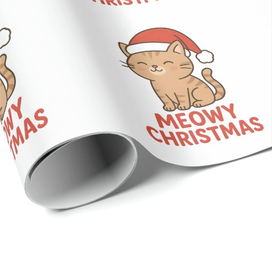 Cute Meowy Christmas Cat Santa Hat Geschenkpapier (Rolleneckpunkt)