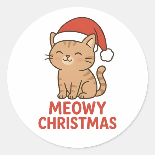 Cute Meowy Christmas Cat Santa Hat Runder Aufkleber (Vorderseite)