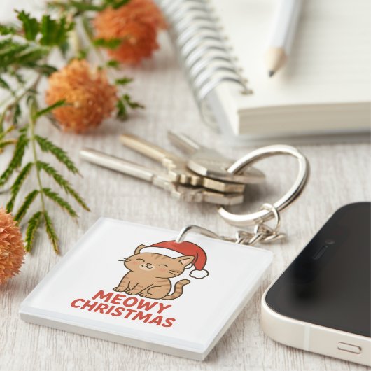 Cute Meowy Christmas Cat Santa Hat Schlüsselanhänger (Vorderseite rechts)