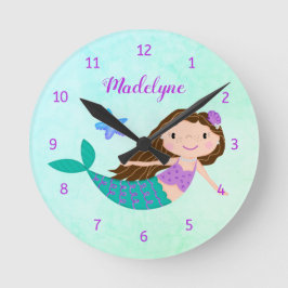 Cute Mermaid Purple Glitter Aqua Runde Wanduhr