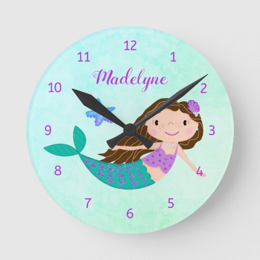 Cute Mermaid Purple Glitter Aqua Runde Wanduhr (Vorderseite)