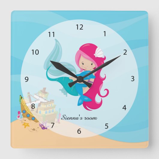 Cute Mermaid Quadratische Wanduhr (Vorderseite)