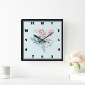 Cute Mermaid Riding a Dolphin Under the Sea Quadratische Wanduhr (Zuhause)