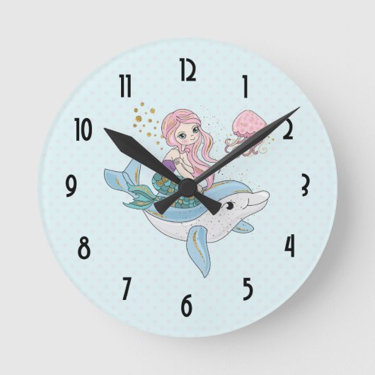 Cute Mermaid Riding a Dolphin Under the Sea Runde Wanduhr (Vorderseite)