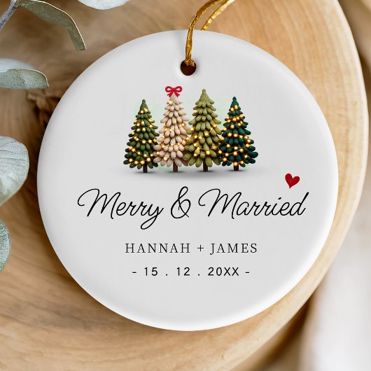 Cute merry and married christmas trees one photo keramik ornament