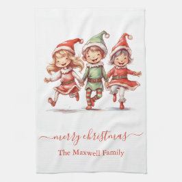 Cute merry christmas 3 elves family name geschirrtuch
