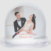 Cute Merry Christmas & Custom Wedding Couple Photo Schneekugeln (Rückseite)