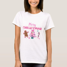 Cute Merry Christmas Gingerbread and Candy Design T-Shirt