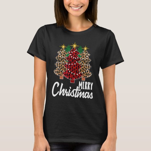 Cute Merry Christmas Leopard Print Tree Christmas T-Shirt (Vorderseite)