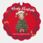 Cute merry Cow Christmas tree calf ox Xmas pattern Ornament Karte (Vorderseite)