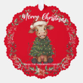 Cute merry Cow Christmas tree calf ox Xmas pattern Ornament Karte (Vorderseite)