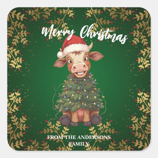 Cute merry Cow Christmas tree calf ox Xmas pattern Quadratischer Aufkleber (Vorderseite)