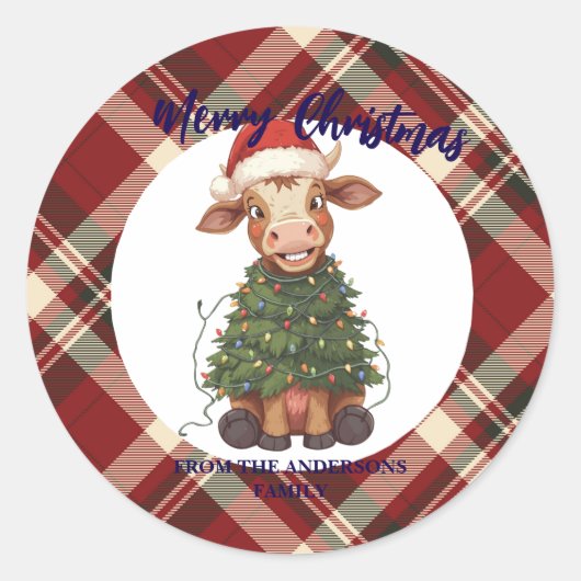 Cute merry Cow Christmas tree calf ox Xmas plaid Runder Aufkleber (Vorderseite)