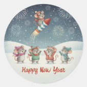 Cute Mice Happy New Year Fireworks Runder Aufkleber (Vorderseite)
