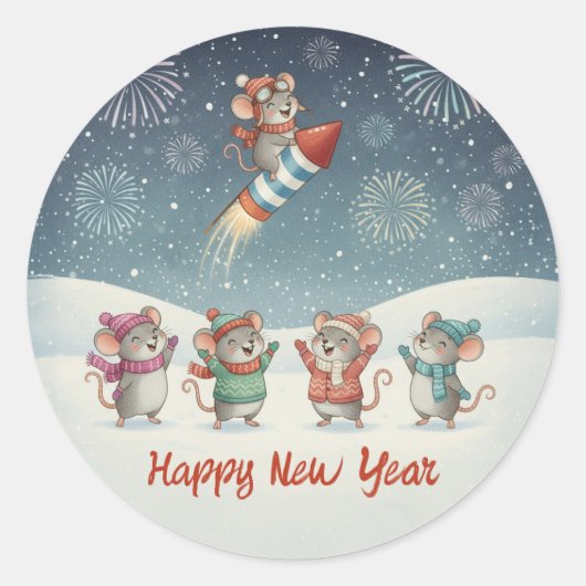 Cute Mice Happy New Year Fireworks Runder Aufkleber (Vorderseite)