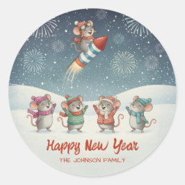 Cute Mice Happy New Year Fireworks Runder Aufkleber