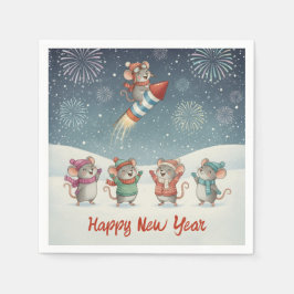Cute Mice Happy New Year Fireworks Serviette