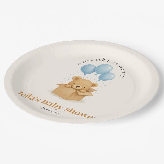 Cute Minimalis Blue Balloon Bear Baby Shower Pappteller (Schrägansicht)