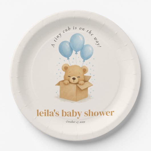 Cute Minimalis Blue Balloon Bear Baby Shower Pappteller (Vorderseite)
