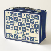 Cute Modern Blue Checkered Icons Pattern Boy's Fun Metall Brotdose (Rückseite)