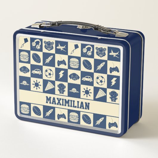 Cute Modern Blue Checkered Icons Pattern Boy's Fun Metall Brotdose (Rückseite)