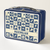 Cute Modern Blue Checkered Icons Pattern Boy's Fun Metall Brotdose (Vorderseite)