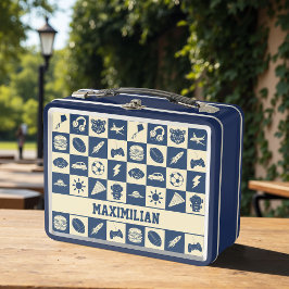 Cute Modern Blue Checkered Icons Pattern Boy's Fun Metall Brotdose