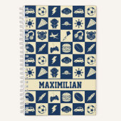 Cute Modern Blue Checkered Icons Pattern Boy's Fun Notizblock (Vorderseite)