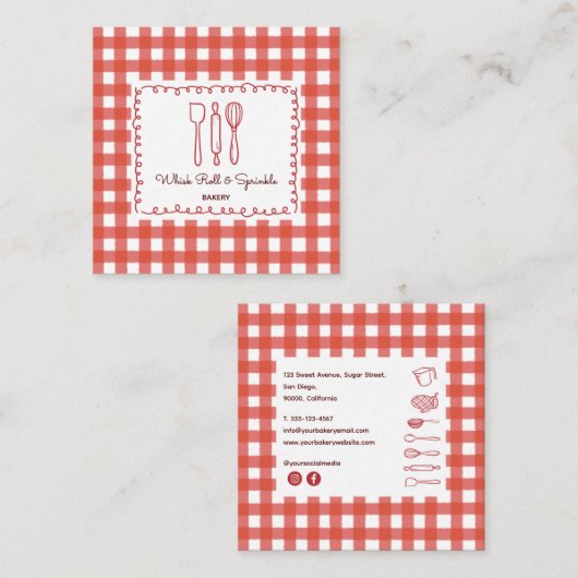 Cute Modern Farmhouse Gingham Bakery Quadratische Visitenkarte (Vorne/Hinten)