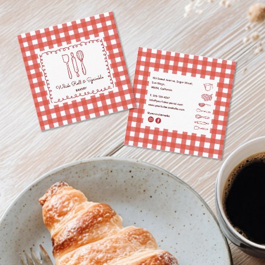 Cute Modern Farmhouse Gingham Bakery Quadratische Visitenkarte