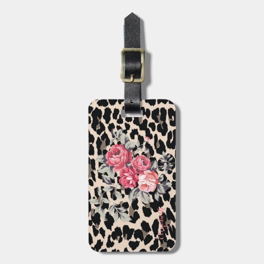 Cute Modern Flowers on Leopard Print-Personalized Gepäckanhänger (Vorderseite vertikal)