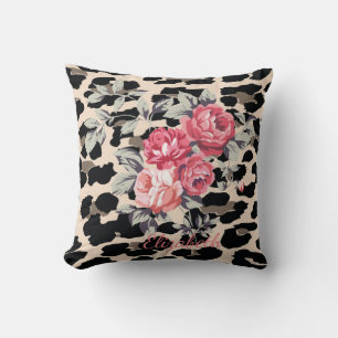 Cute Modern Flowers on Leopard Print-Personalized Kissen