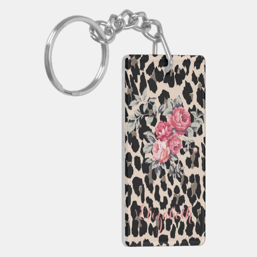 Cute Modern Flowers on Leopard Print-Personalized Schlüsselanhänger (Vorderseite links)